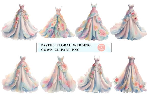 Elegant Pastel Floral Wedding Gown Clipart for Bridal Designs