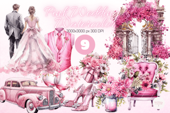 Elegant Pink Wedding Watercolor Design Assets