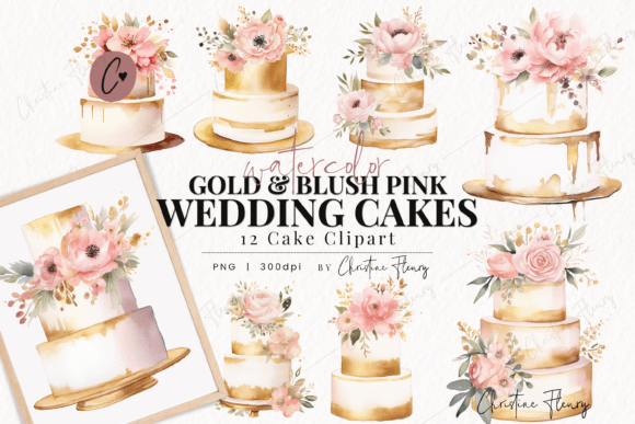 Elegant Watercolor Gold & Blush Wedding Cakes Clipart