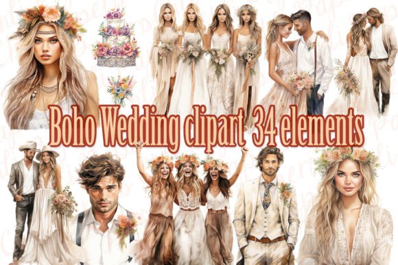Enchanting Wedding Couples Clipart & Boho Wedding PNG Designs